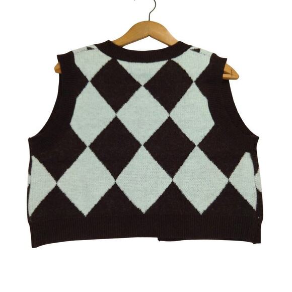 Vintage Y2K Cropped Sweater Vest Size M L Diamond Knit Mint Green Brown 2000s - Picture 3 of 3